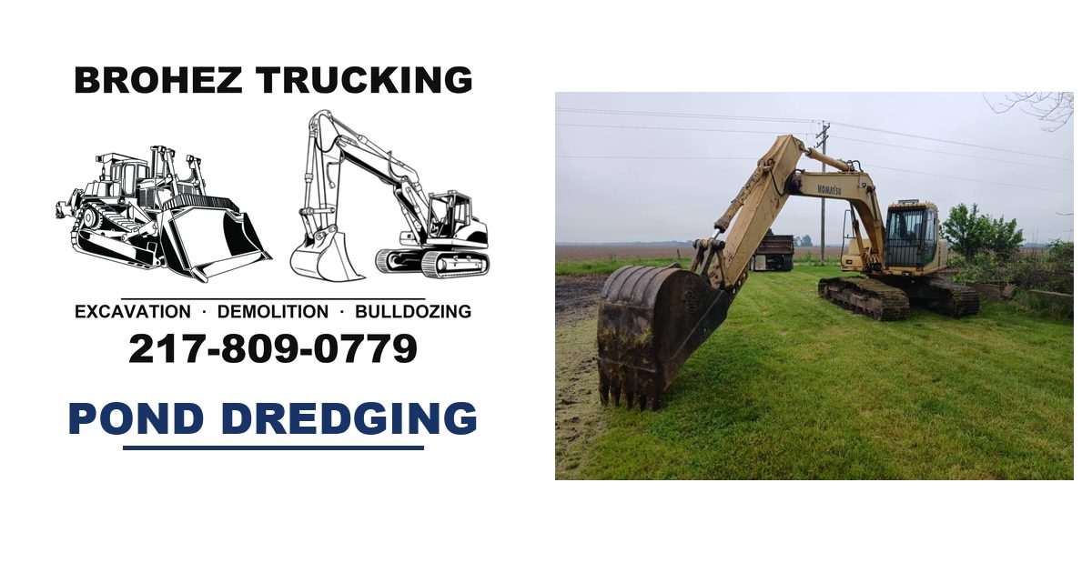 Komatsu excavator on a lake and pond job in central Illinois — Brohez Trucking LLC lake builder